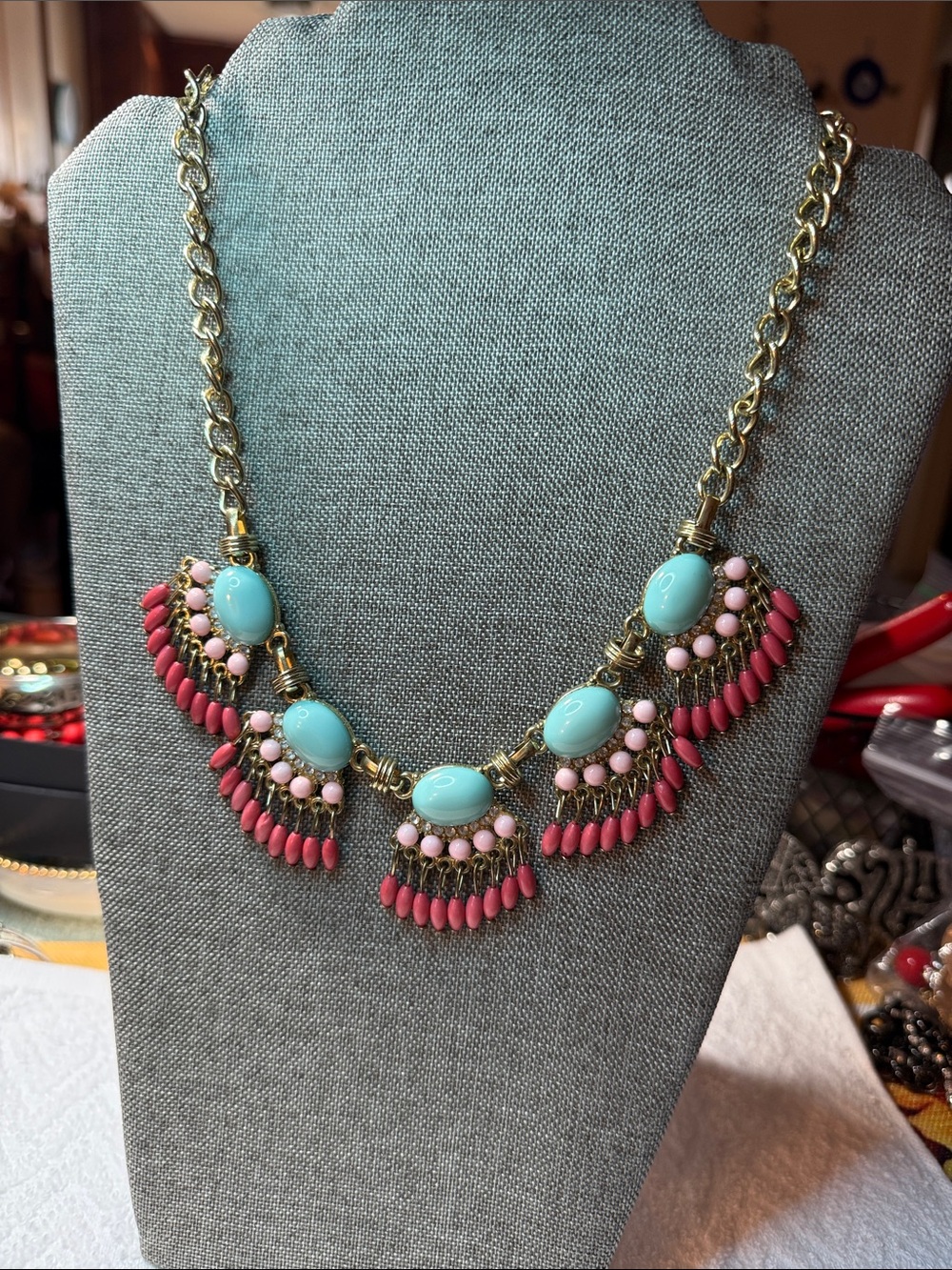 Gold-Tone Turquoise and Coral Fringe Statement Necklace